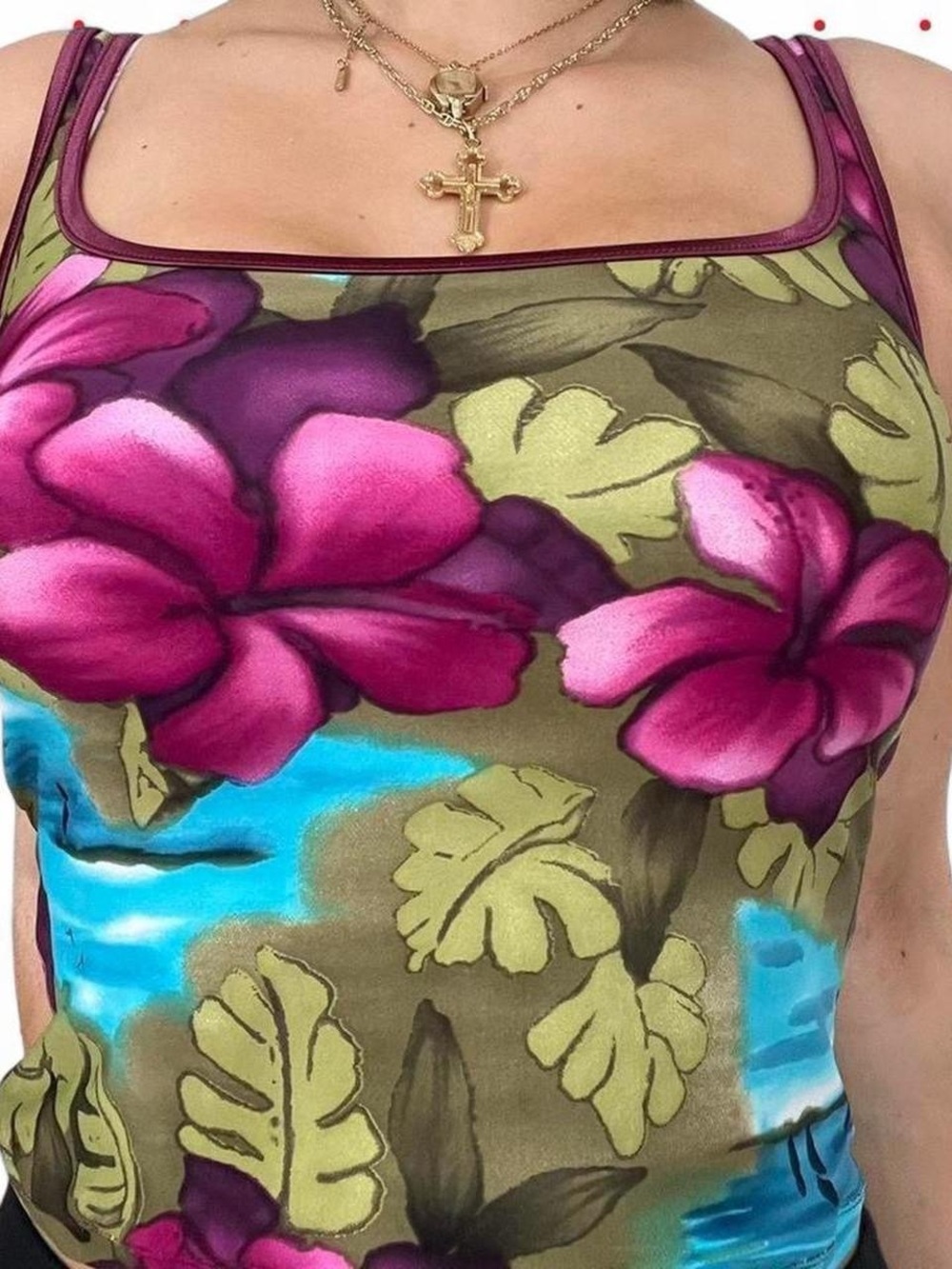 Vintage Floral Scoop Neck Tank Top in Olive, Fuchsia & Aqua